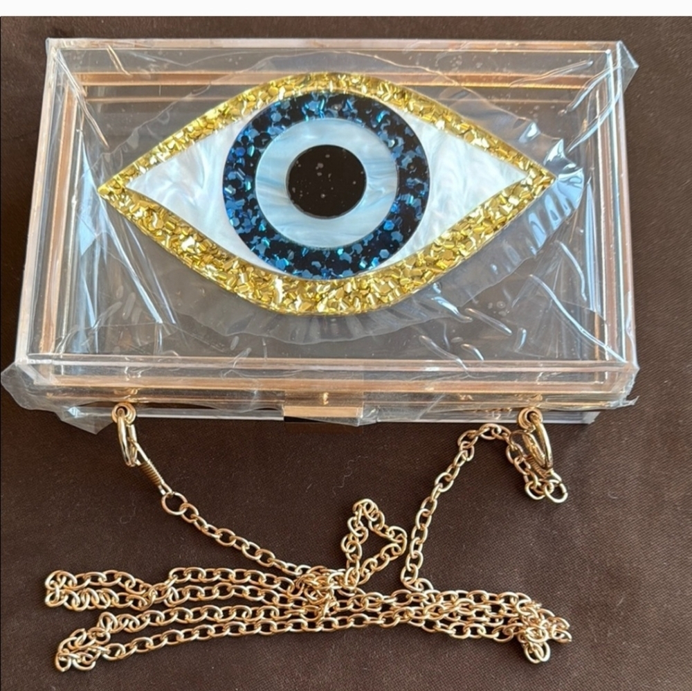 Clear Acrylic Evil Eye Clutch with Gold Chain